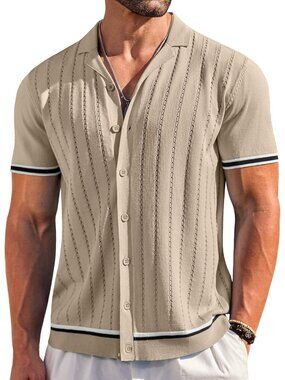 Men's Apricot Short Sleeve Knit Casual Button Down Vintage Striped Top Shirt